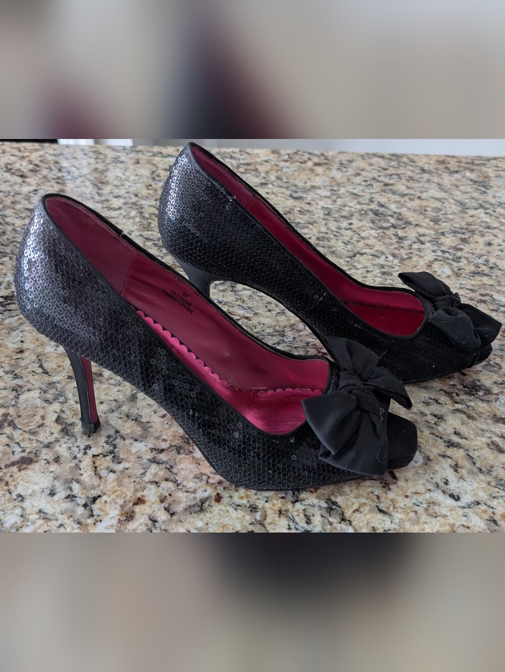 Barbie By Town Shoes Black Sequin Peep-Toe Heels with Bow And Pink Bottom
